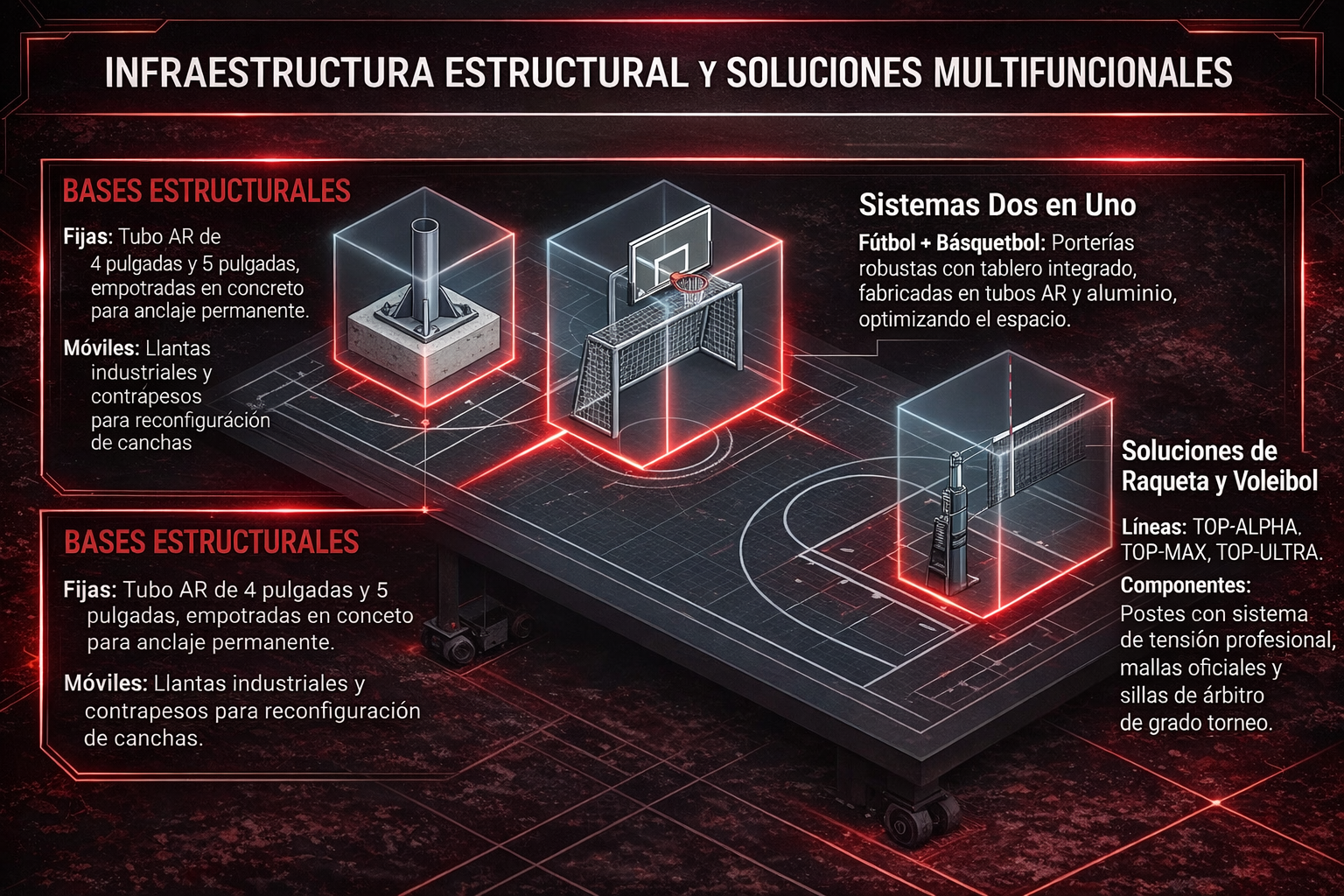 Infraestructura Estructural y Soluciones Multifuncionales: Sistemas de carga pesada, canastas móviles y fijas.